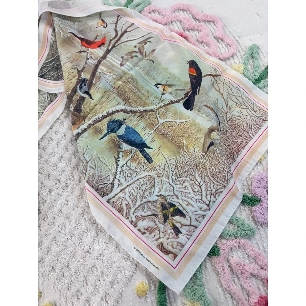 Vintage 1979 National Wildlife Federation Bird‎ Scarf Winter Nature Print 21x21